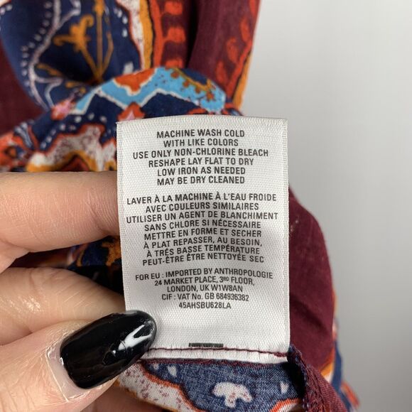 Anthropologie Meadow Rue Size S Tunic Top Burgundy Solvo Roll Tab Printed Blouse - Picture 6 of 7
